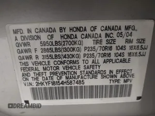 2004 Honda Pilot LX z VIN 2HKYF18154H587485, wystawiony jako IAAI lot #42407918 z przebiegiem 239 172 mil mil oraz . Historia ofert i sprzedaży dostępna na DreamBid. Obrazek 9.