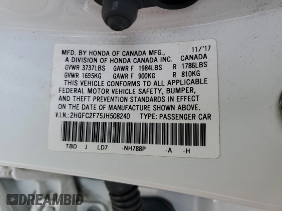 2018 Honda Civic EX with VIN 2HGFC2F75JH508240, listed as a Copart auction lot 55739915 with 52,671 mi miles and Salvage Title. Bid and sale history available at DreamBid. Image 13.