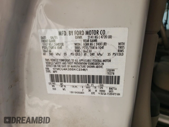 2011 Ford Escape Hybrid with VIN 1FMCU4K35BKC23461, listed as a Copart auction lot 73209354 with 3,888 mi miles and Clean title. Bid and sale history available at DreamBid. Image 13.