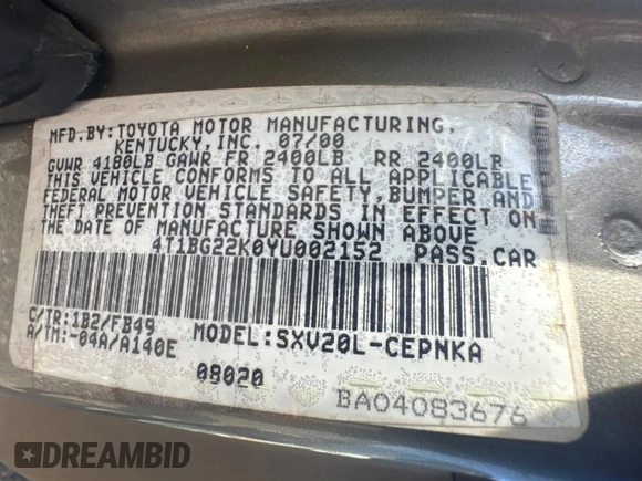 2000 Toyota Camry CE with VIN 4T1BG22K0YU002152, listed as a Copart auction lot 44409315 with 366,513 mi miles and Clean Title. Bid and sale history available at DreamBid. Image 10.