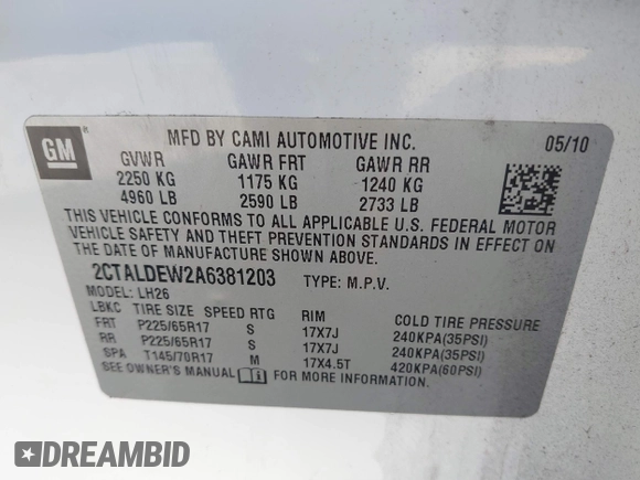 2010 GMC Terrain SLE-2 with VIN 2CTALDEW2A6381203, listed as a IAAI auction lot 41404389 with 128,082 mi miles. Bid and sale history available at carsss.com. Image 9.