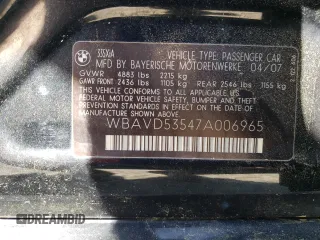 2007 BMW 3 Series 335xi with VIN WBAVD53547A006965, listed as a Copart auction lot 53650575 with 89,921 mi miles and Salvage Title. Bid and sale history available at carsss.com. Image 12.