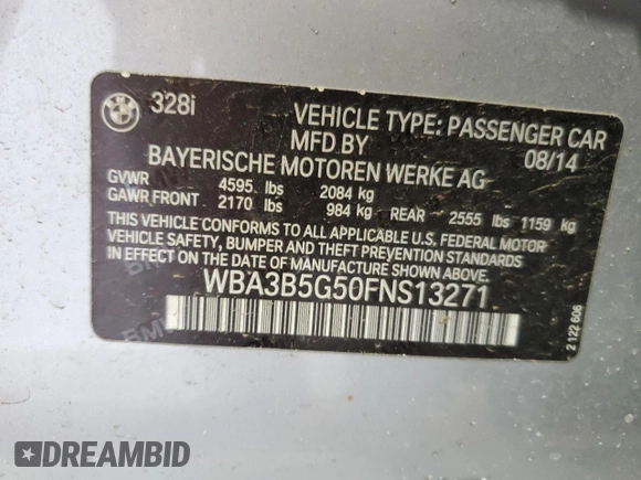 2015 BMW 3 Series 328i xDrive with VIN WBA3B5G50FNS13271, listed as a Copart auction lot 55094345 with 96,295 mi miles and Salvage Title. Bid and sale history available at carsss.com. Image 12.