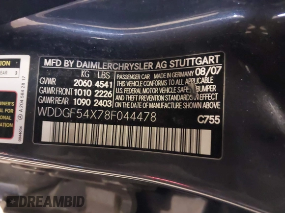 2008 Mercedes-Benz C 300 Sport with VIN WDDGF54X78F044478, listed as a IAAI auction lot 41705912 with 181,438 mi miles and . Bid and sale history available at DreamBid. Image 9.
