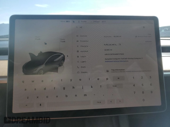 2022 Tesla Model 3 z VIN 5YJ3E1EA9NF371236, wystawiony jako Copart lot #56583855 z przebiegiem 58 162 mil mil oraz Szkoda całkowita • Salvage title. Historia ofert i sprzedaży dostępna na DreamBid. Obrazek 9.