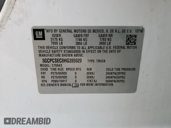 2017 Chevrolet Silverado 1500 LTZ with VIN 3GCPCSEC8HG285929, listed as a Copart auction lot 88363455 with Not Provided miles and Salvage Title. Bid and sale history available at DreamBid. Image 12.