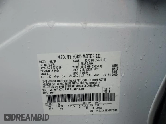2020 Ford Edge SEL with VIN 2FMPK3J97LBB01445, listed as a Copart auction lot 58357755 with 91,892 mi miles and Salvage title. Bid and sale history available at DreamBid. Image 14.