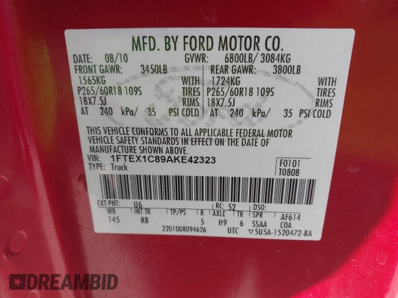 2010 Ford F-150 XL with VIN 1FTEX1C89AKE42323, listed as a IAAI auction lot 42047351 with 154,084 mi miles. Bid and sale history available at carsss.com. Image 9.