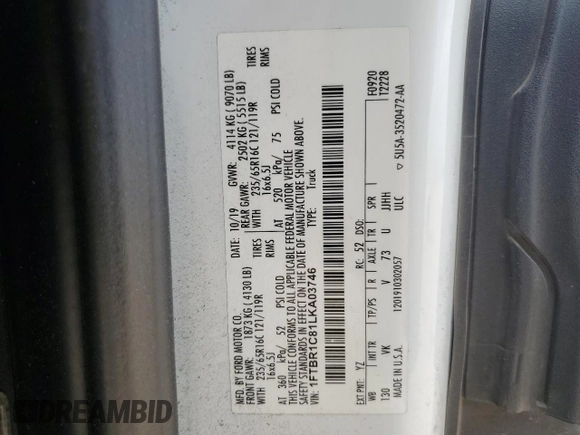 2020 Ford Transit Cargo with VIN 1FTBR1C81LKA03746, listed as a Copart auction lot 49331395 with Not provided miles and Salvage title. Bid and sale history available at DreamBid. Image 13.