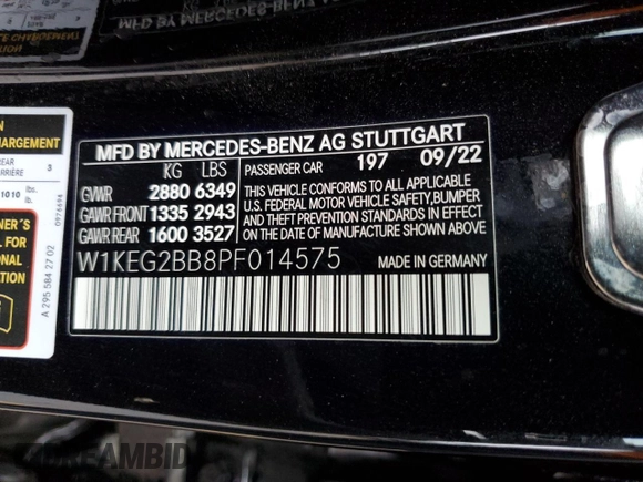 2023 Mercedes-Benz EQE with VIN W1KEG2BB8PF014575, listed as a Copart auction lot 54380985 with 15,189 mi miles and Salvage Title. Bid and sale history available at carsss.com. Image 12.