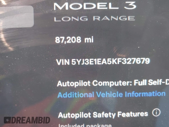 2019 Tesla Model 3 Mid Range with VIN 5YJ3E1EA5KF327679, listed as a IAAI auction lot 41804379 with 87,208 mi miles and . Bid and sale history available at DreamBid. Image 15.