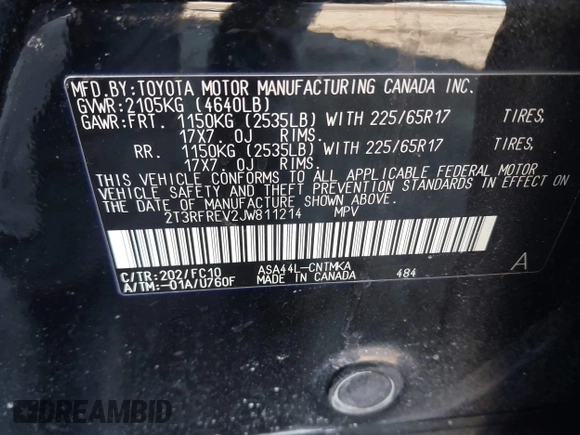 2018 Toyota RAV4 XLE with VIN 2T3RFREV2JW811214, listed as a IAAI auction lot 41458588 with 236,346 mi miles. Bid and sale history available at carsss.com. Image 9.