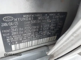 2005 Hyundai Santa Fe GLS with VIN KM8SC13D05U955011, listed as a IAAI auction lot 41496442 with 1 mi miles. Bid and sale history available at carsss.com. Image 9.