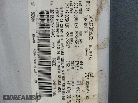 2005 Dodge Dakota Laramie with VIN 1D7HW58N75S100449, listed as a Copart auction lot 86336834 with Not Provided miles and Salvage Title. Bid and sale history available at DreamBid. Image 12.
