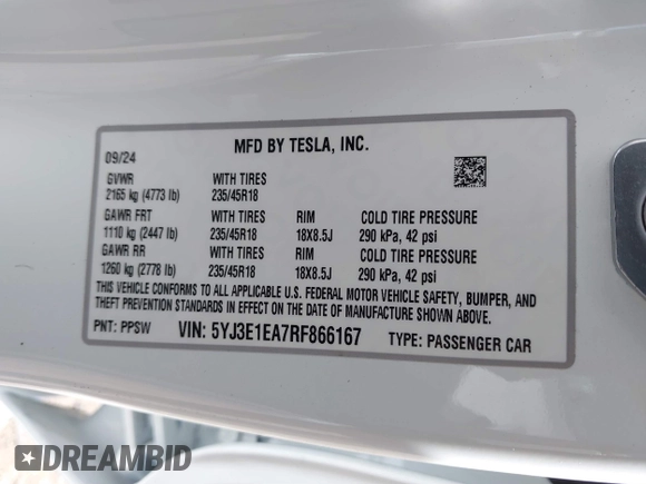 2024 Tesla Model 3 z VIN 5YJ3E1EA7RF866167, wystawiony jako IAAI lot #41785785 z przebiegiem 4 607 mil mil oraz . Historia ofert i sprzedaży dostępna na DreamBid. Obrazek 9.