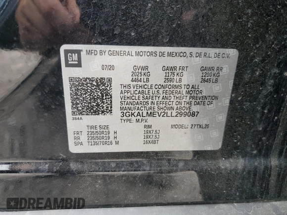 2020 GMC Terrain SLE with VIN 3GKALMEV2LL299087, listed as a Copart auction lot 60545425 with 88,199 mi miles and Salvage title. Bid and sale history available at DreamBid. Image 14.