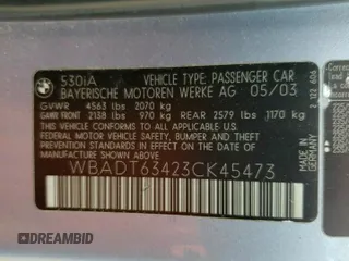 2003 BMW 5 Series 530iA with VIN WBADT63423CK45473, listed as a Copart auction lot 78860014 with 0 mi miles and Salvage Title. Bid and sale history available at carsss.com. Image 12.
