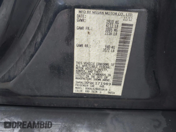 2013 Nissan Altima SL with VIN 1N4AL3AP5DC171989, listed as a IAAI auction lot 42738669 with 205,237 mi miles and . Bid and sale history available at DreamBid. Image 9.