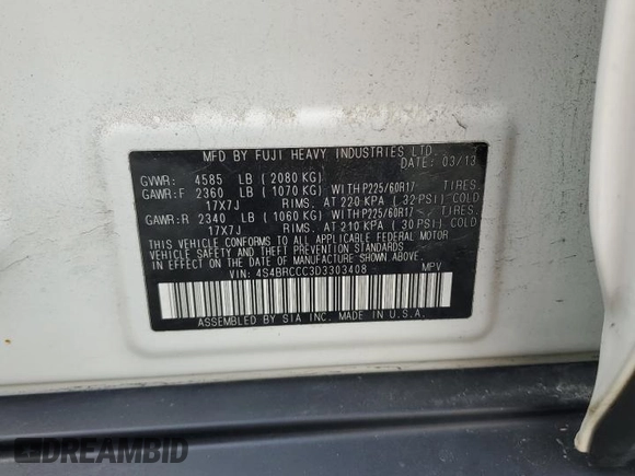 2013 Subaru Outback Premium z VIN 4S4BRCCC3D3303408, wystawiony jako Copart lot #54954385 z przebiegiem 135 960 mil mil oraz Szkoda całkowita • Salvage title. Historia ofert i sprzedaży dostępna na DreamBid. Obrazek 13.