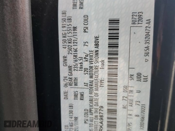 2024 Ford Transit Cargo with VIN 1FTBR1C86RKA98779, listed as a Copart auction lot 70473944 with 35 mi miles and Salvage Title. Bid and sale history available at DreamBid. Image 12.