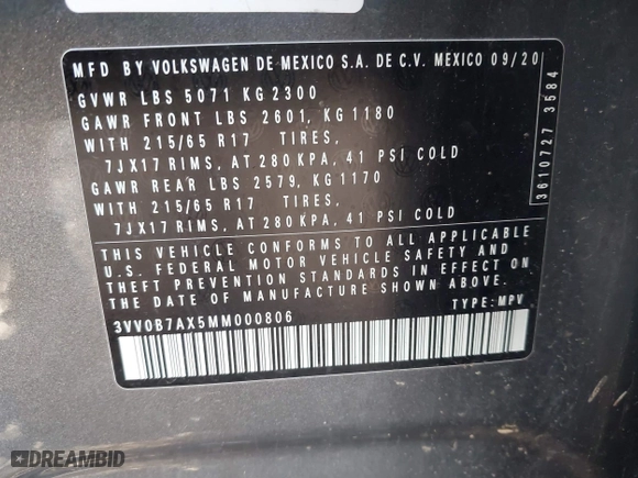 2021 Volkswagen Tiguan S with VIN 3VV0B7AX5MM000806, listed as a IAAI auction lot 40648538 with 38,224 mi miles. Bid and sale history available at carsss.com. Image 9.