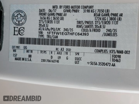 2017 Ford F-150 XL with VIN 1FTFW1EG7HFC64393, listed as a Copart auction lot 51105275 with 96,816 mi miles and Salvage Title. Bid and sale history available at carsss.com. Image 14.