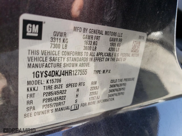 2017 Cadillac Escalade Platinum with VIN 1GYS4DKJ4HR127555, listed as a Copart auction lot 53162405 with 119,934 mi miles and Salvage Title. Bid and sale history available at carsss.com. Image 13.