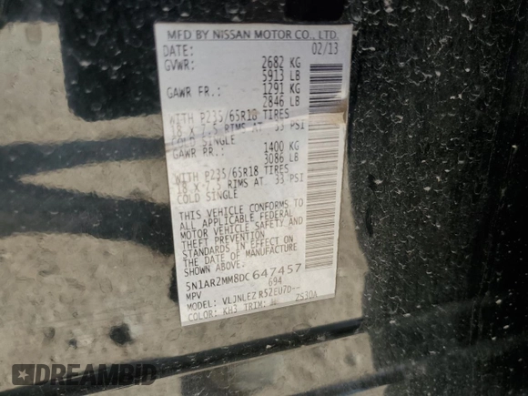 2013 Nissan Pathfinder Platinum with VIN 5N1AR2MM8DC647457, listed as a Copart auction lot 51751015 with 150,984 mi miles and Salvage Title. Bid and sale history available at carsss.com. Image 13.