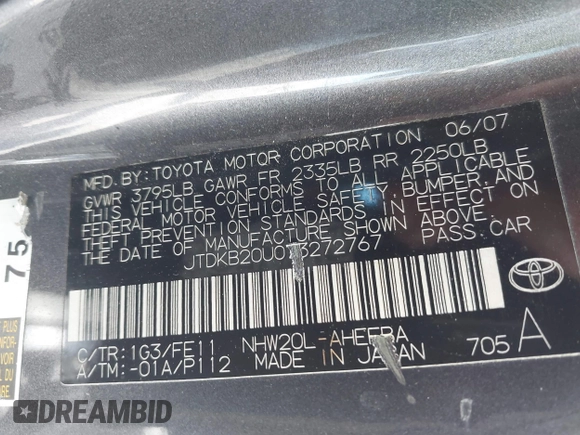 2007 Toyota Prius with VIN JTDKB20U073272767, listed as a IAAI auction lot 42520125 with 290,808 mi miles and . Bid and sale history available at DreamBid. Image 9.