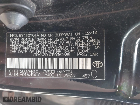 2014 Toyota Prius Four with VIN JTDKN3DU2E0362685, listed as a IAAI auction lot 41820346 with 186,394 mi miles and . Bid and sale history available at DreamBid. Image 9.