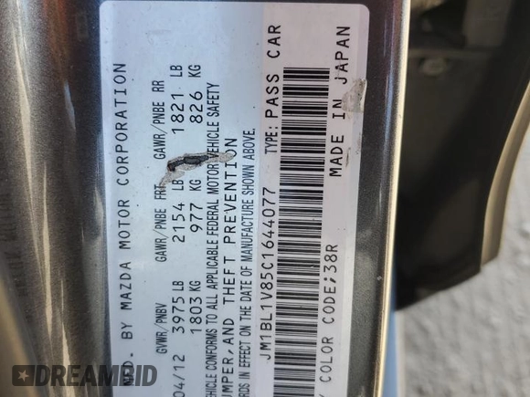 2012 Mazda 3 i Touring with VIN JM1BL1V85C1644077, listed as a Copart auction lot 56778845 with 166,714 mi miles and Salvage title. Bid and sale history available at DreamBid. Image 12.