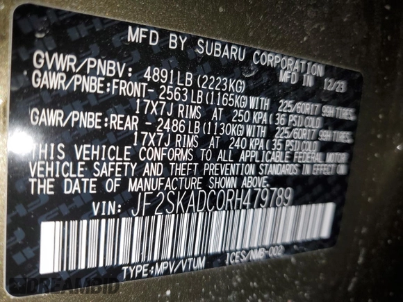2024 Subaru Forester Premium with VIN JF2SKADC0RH479789, listed as a Copart auction lot 42912475 with 9,979 mi miles and Salvage title. Bid and sale history available at DreamBid. Image 13.