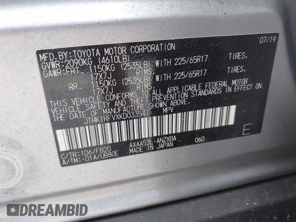 2019 Toyota RAV4 LE with VIN JTMK1RFVXKD033547, listed as a IAAI auction lot 40508021 with 72,849 mi miles. Bid and sale history available at carsss.com. Image 9.