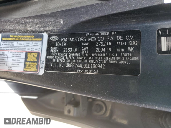 2020 Kia Forte LXS with VIN 3KPF24AD0LE190942, listed as a Copart auction lot 52459034 with 98,226 mi miles and Salvage Title. Bid and sale history available at carsss.com. Image 12.