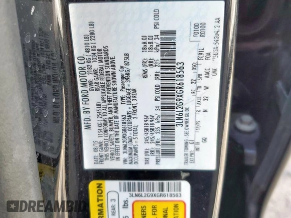 2016 Lincoln MKZ с VIN 3LN6L2G9XGR618563, выставлен на аукционе Copart как лот 65545825 с пробегом 120 537 миль миль и Списание • Salvage title. История ставок и продаж доступна на DreamBid. Изображение 12.