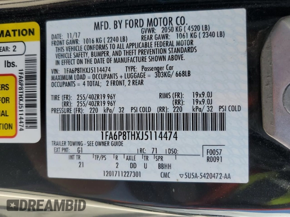 2018 Ford Mustang EcoBoost with VIN 1FA6P8THXJ5114474, listed as a Copart auction lot 59104405 with 54,220 mi miles and Salvage title. Bid and sale history available at DreamBid. Image 12.