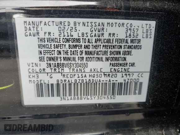 2025 Nissan Sentra S z VIN 3N1AB8BV6SY304550, wystawiony jako Copart lot #57815045 z przebiegiem 3 078 mil mil oraz Szkoda całkowita • Salvage title. Historia ofert i sprzedaży dostępna na DreamBid. Obrazek 13.