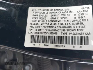 2015 Honda Civic LX with VIN 2HGFB2F50FH525049, listed as a IAAI auction lot 41827756 with 115,880 mi miles and . Bid and sale history available at DreamBid. Image 9.