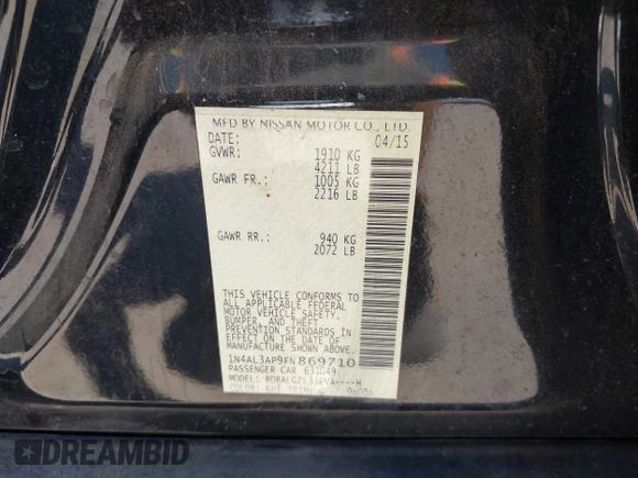 2015 Nissan Altima S with VIN 1N4AL3AP9FN869710, listed as a IAAI auction lot 42043275 with 163,909 mi miles and . Bid and sale history available at DreamBid. Image 9.