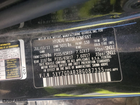 2011 Hyundai Santa Fe GLS with VIN 5XYZGDAB3BG087335, listed as a Copart auction lot 46482735 with 273,086 mi miles and Salvage Title. Bid and sale history available at carsss.com. Image 13.
