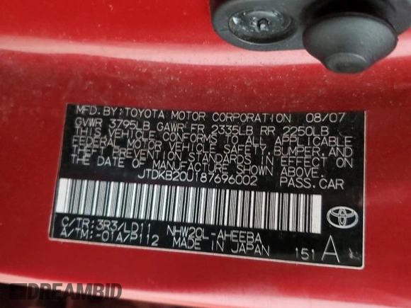2008 Toyota Prius with VIN JTDKB20U187696002, listed as a Copart auction lot 55089845 with 208,220 mi miles and Clean Title. Bid and sale history available at DreamBid. Image 12.