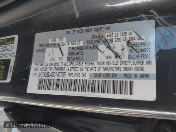 2013 Mazda 5 Sport with VIN JM1CW2BL4D0145725, listed as a IAAI auction lot 42190177 with 143,209 mi miles and . Bid and sale history available at DreamBid. Image 9.
