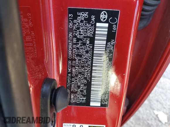 2013 Toyota Prius One with VIN JTDKN3DU8D0355741, listed as a Copart auction lot 53529295 with 125,550 mi miles and Salvage Title. Bid and sale history available at DreamBid. Image 12.