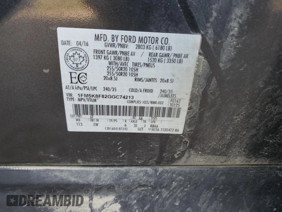 2016 Ford Explorer Limited z VIN 1FM5K8F82GGC74213, wystawiony jako Copart lot #59098555 z przebiegiem 207 487 mil mil oraz Szkoda całkowita • Salvage title. Historia ofert i sprzedaży dostępna na DreamBid. Obrazek 13.