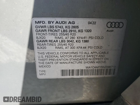 2022 Audi SQ5 Prestige z VIN WA1C4AFY5N2098713, wystawiony jako Copart lot #50542855 z przebiegiem 50 571 mil mil oraz Szkoda całkowita • Salvage title. Historia ofert i sprzedaży dostępna na DreamBid. Obrazek 15.