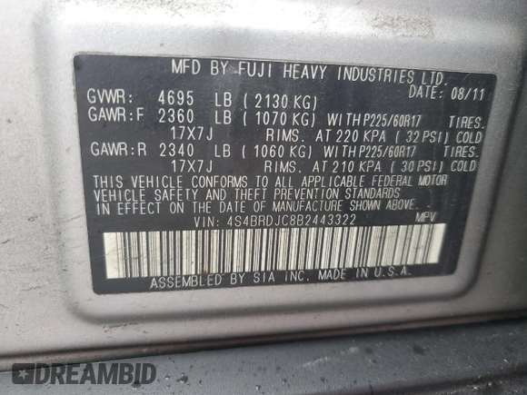 2011 Subaru Outback 3.6R Limited with VIN 4S4BRDJC8B2443322, listed as a Copart auction lot 47854105 with 182,201 mi miles and Salvage Title. Bid and sale history available at carsss.com. Image 14.