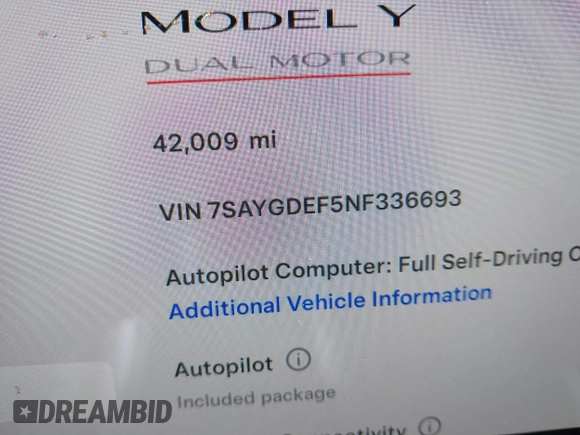 2022 Tesla Model Y Performance with VIN 7SAYGDEF5NF336693, listed as a IAAI auction lot 41805752 with 42,009 mi miles and . Bid and sale history available at DreamBid. Image 14.
