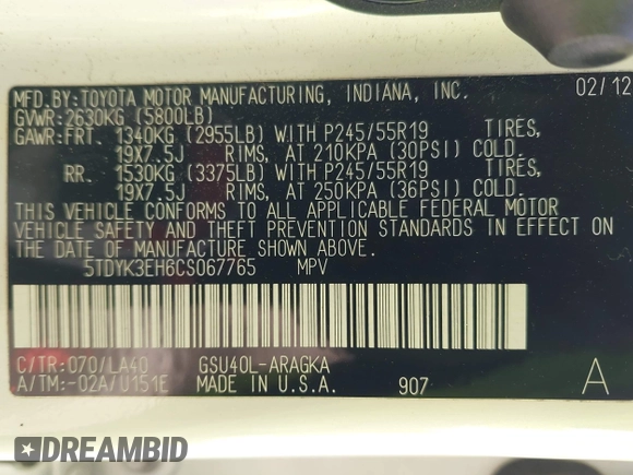 2012 Toyota Highlander Limited with VIN 5TDYK3EH6CS067765, listed as a IAAI auction lot 42269783 with Not provided miles and . Bid and sale history available at DreamBid. Image 9.