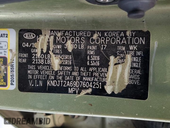 2013 Kia Soul + with VIN KNDJT2A69D7604251, listed as a Copart auction lot 54149605 with 216,614 mi miles and Clean Title. Bid and sale history available at DreamBid. Image 12.