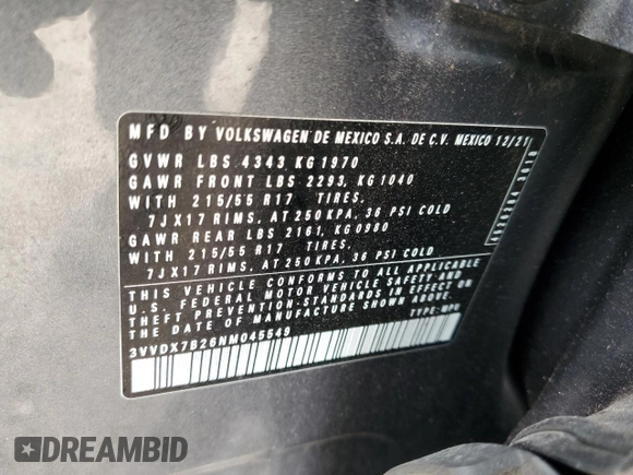 2022 Volkswagen Taos S с VIN 3VVDX7B26NM045549, выставлен на аукционе Copart как лот 59378145 с пробегом 41 513 миль миль и Чистый • Clean title. История ставок и продаж доступна на DreamBid. Изображение 13.